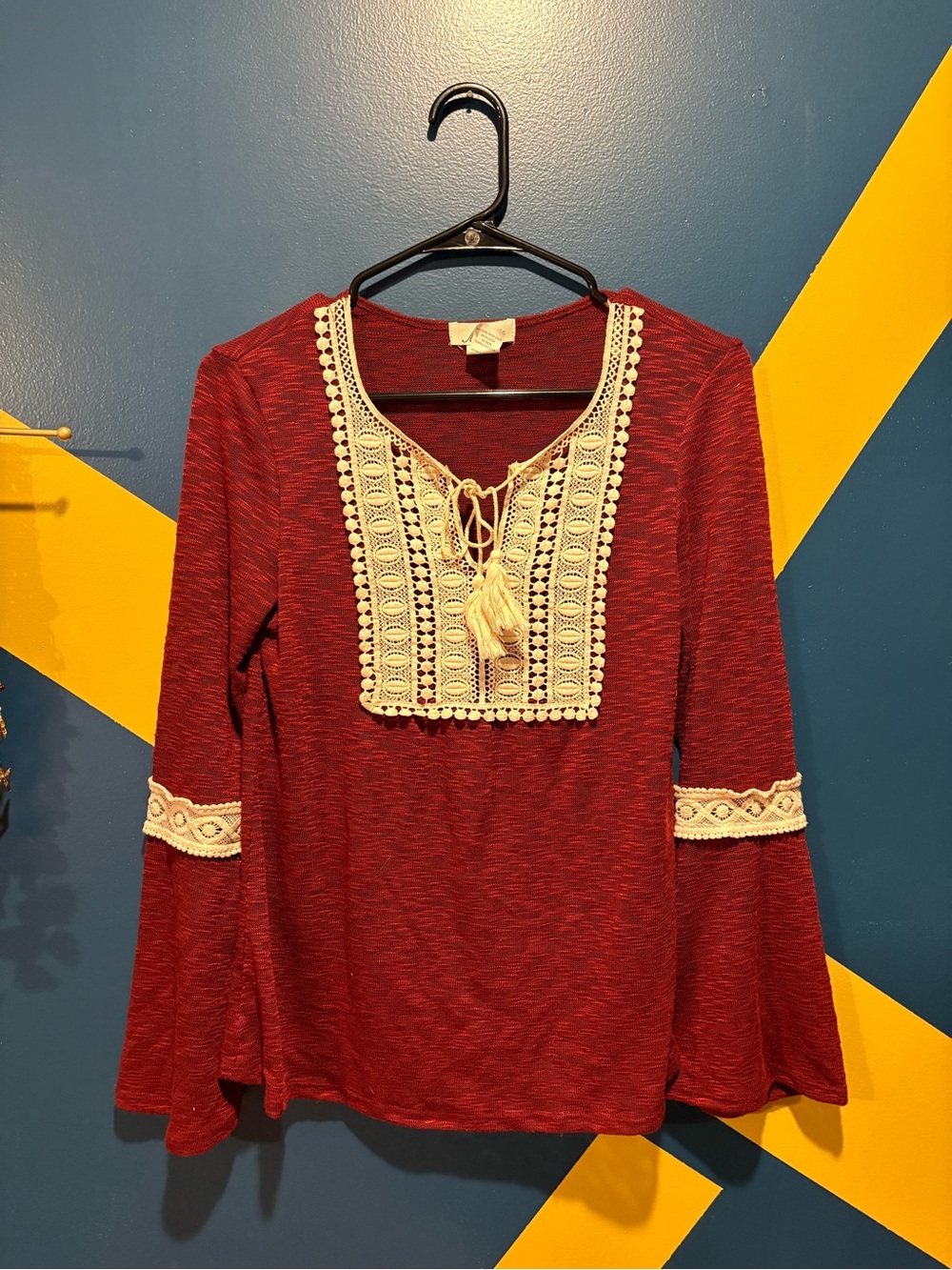 M. Fasis Burgundy & Cream Sheer Crochet Detail Bell Sleeve Top EUC